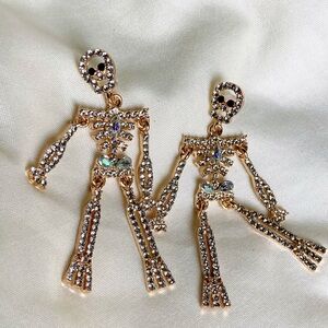 Rhinestone Skeleton Earrings Gold Tone 2.75” Movable